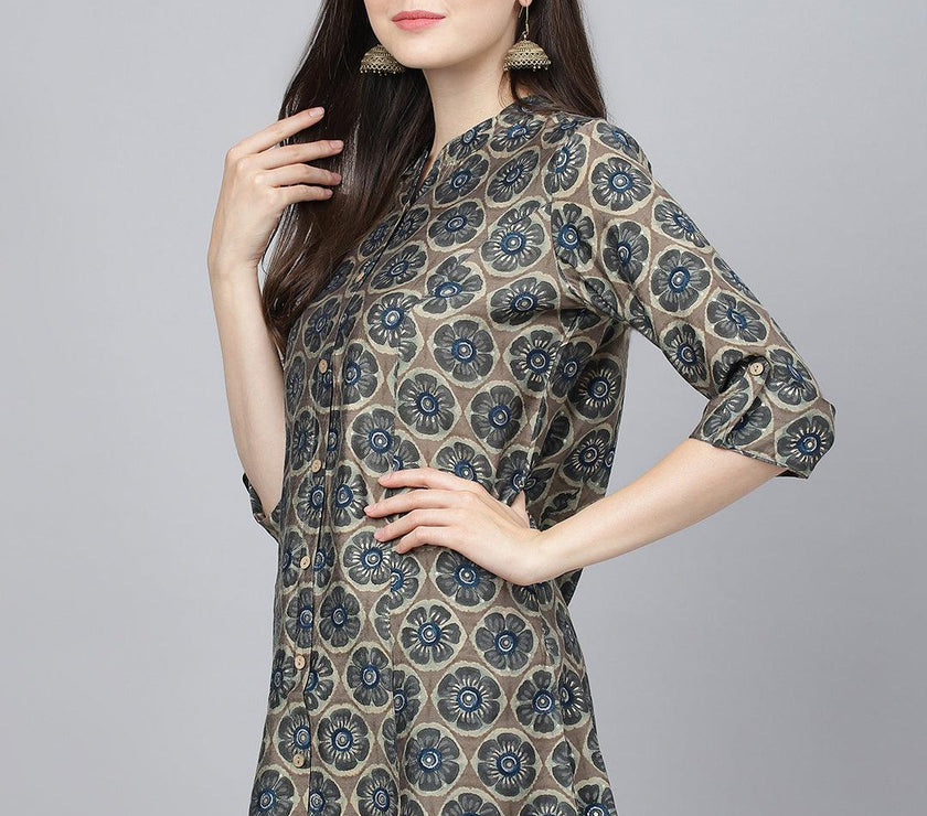 Divena Brown Floral Printed Modal A-Line Shirts Style Top - divena world