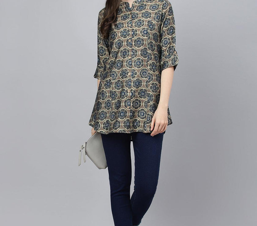 Divena Brown Floral Printed Modal A-Line Shirts Style Top - divena world