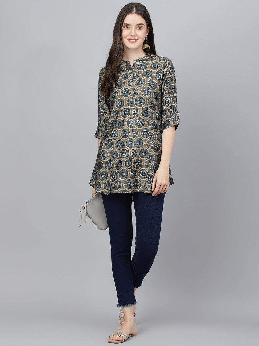 Divena Brown Floral Printed Modal A-Line Shirts Style Top - divena world