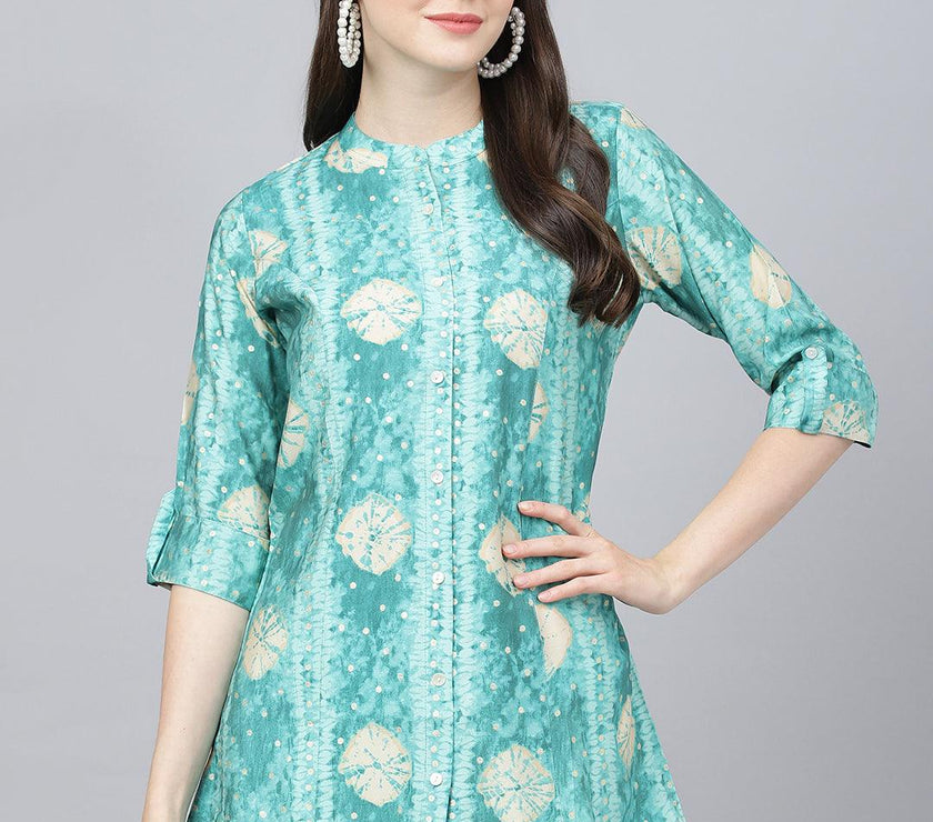 Divena Sea green Abstract Printed Modal A-Line Shirts Style Top - divena world