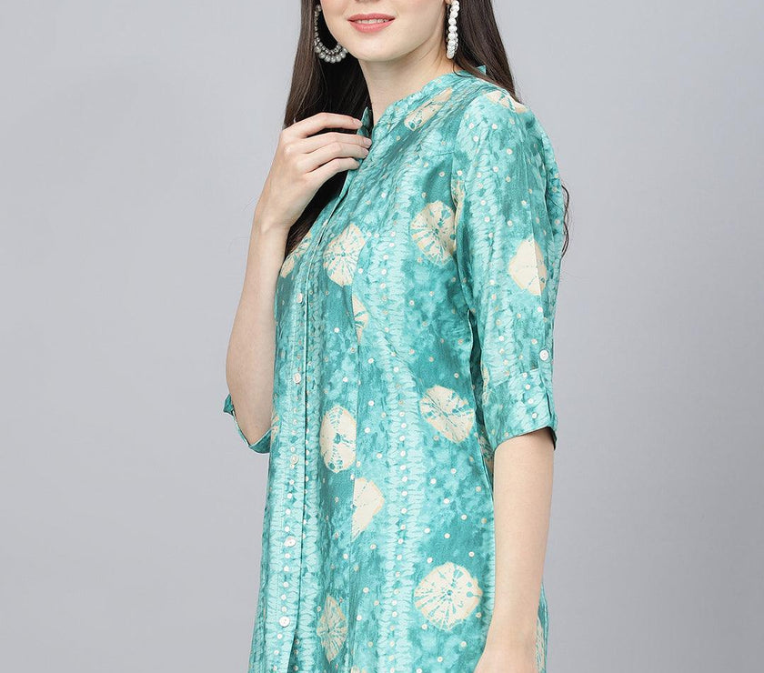 Divena Sea green Abstract Printed Modal A-Line Shirts Style Top - divena world