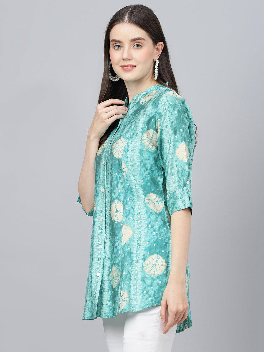 Divena Sea green Abstract Printed Modal A-Line Shirts Style Top - divena world