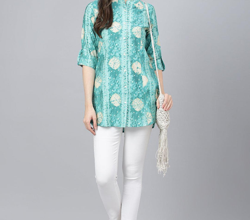 Divena Sea green Abstract Printed Modal A-Line Shirts Style Top - divena world