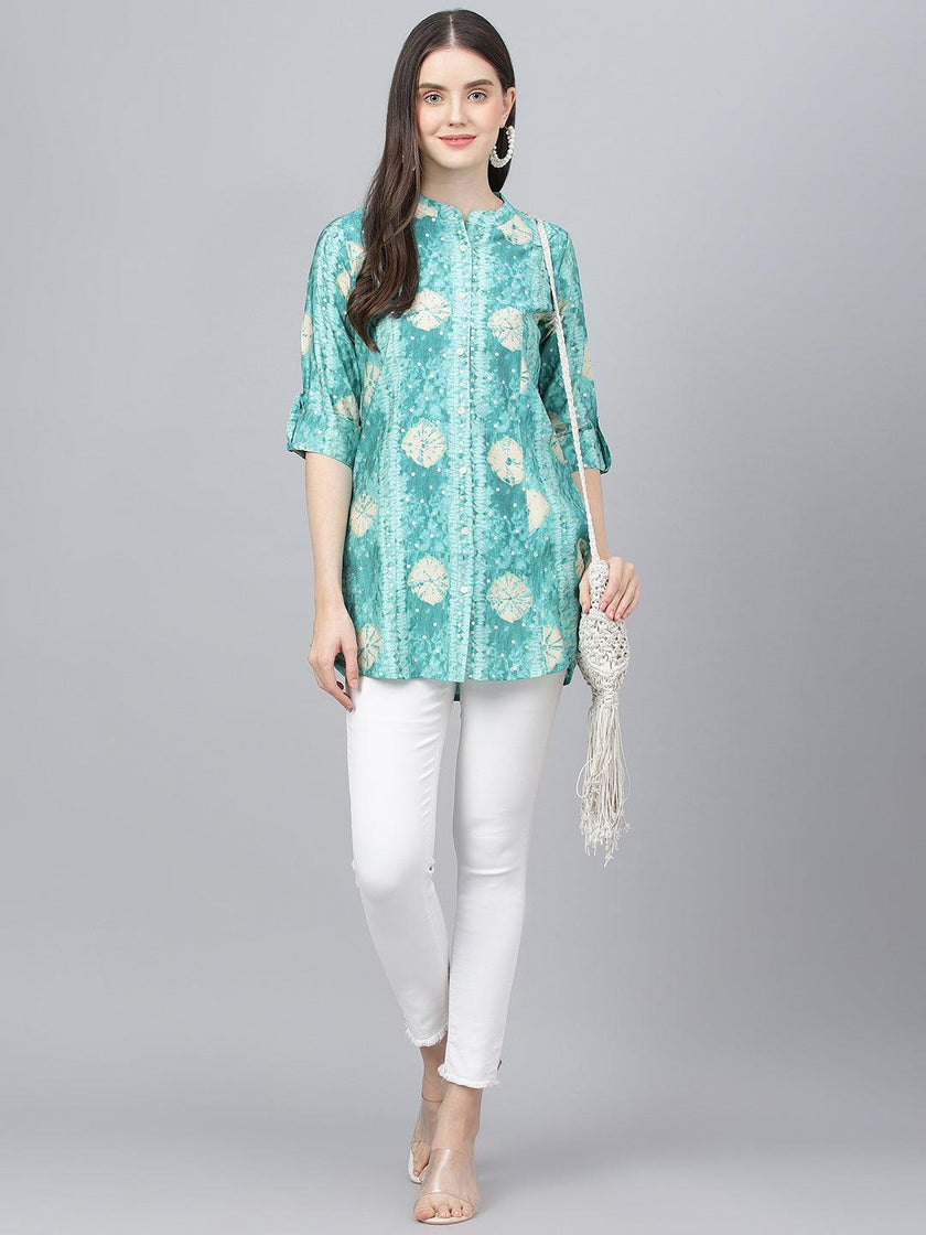 Divena Sea green Abstract Printed Modal A-Line Shirts Style Top - divena world