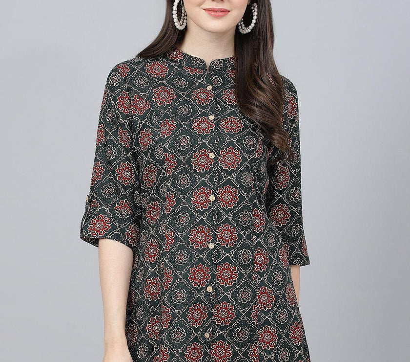 Divena Black Abstract printed Rayon A-line Shirts Style Top - divena world