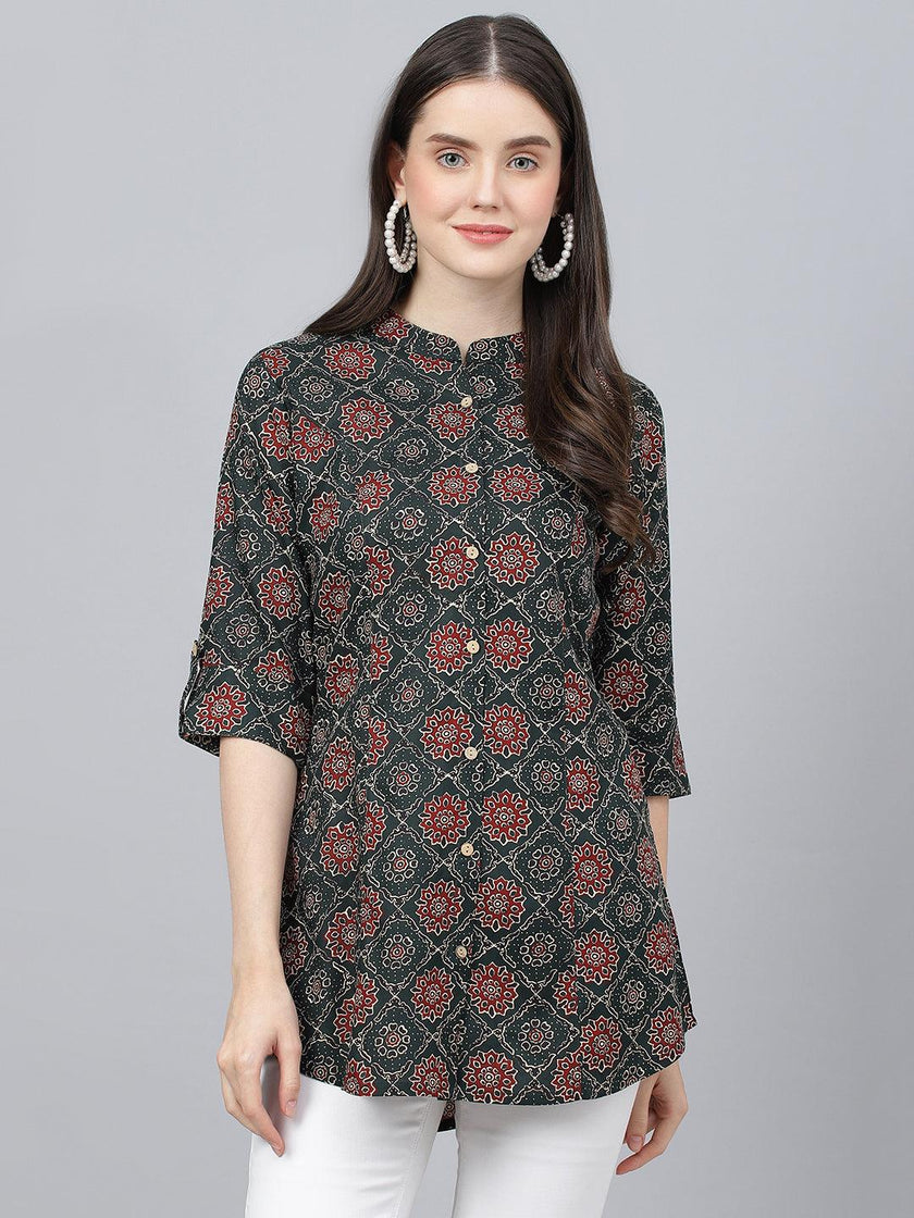 Divena Black Abstract printed Rayon A-line Shirts Style Top - divena world