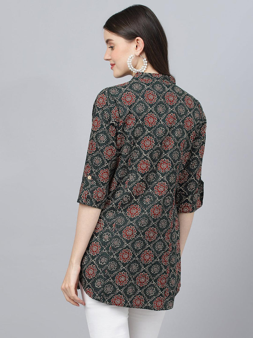 Divena Black Abstract printed Rayon A-line Shirts Style Top - divena world