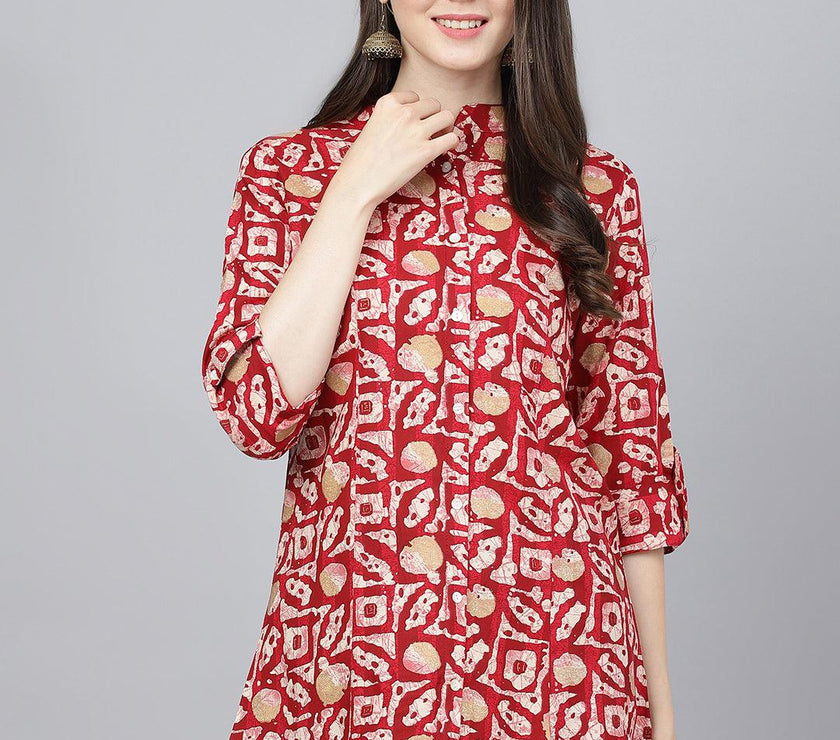 Divena Red Abstract printed Rayon A-line Shirts Style Top - divena world