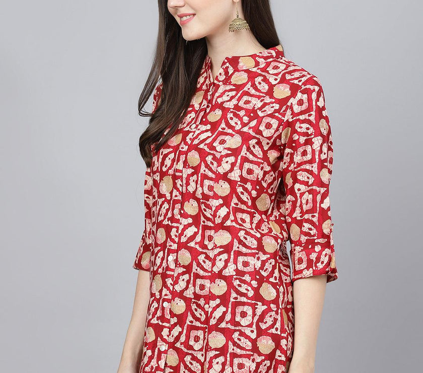 Divena Red Abstract printed Rayon A-line Shirts Style Top - divena world