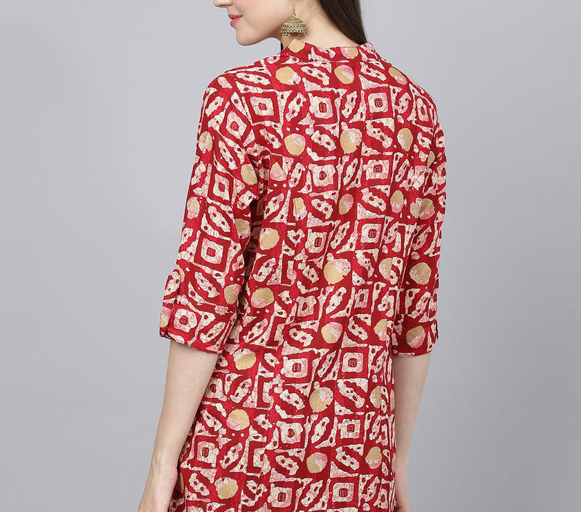 Divena Red Abstract printed Rayon A-line Shirts Style Top - divena world