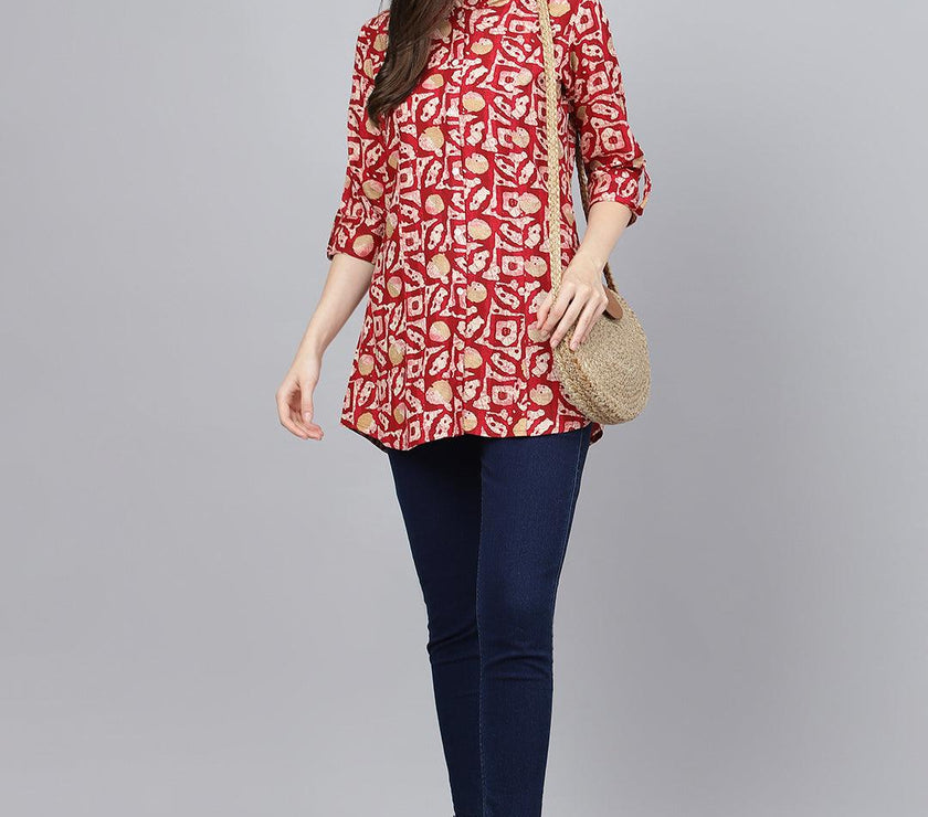 Divena Red Abstract printed Rayon A-line Shirts Style Top - divena world