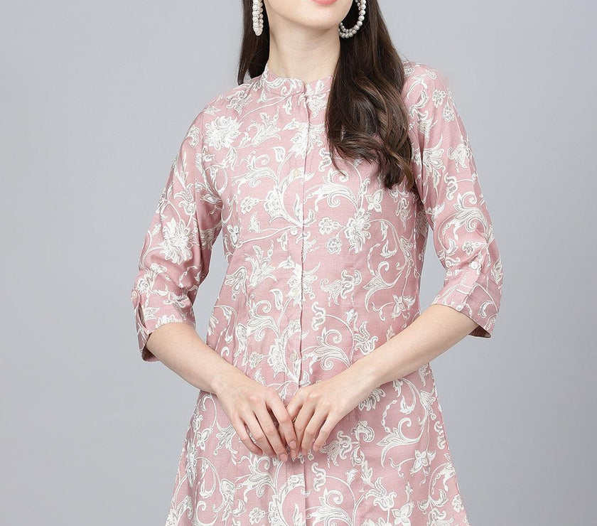 Divena Dusty pink Floral printed Modal A-line Shirts Style Top - divena world