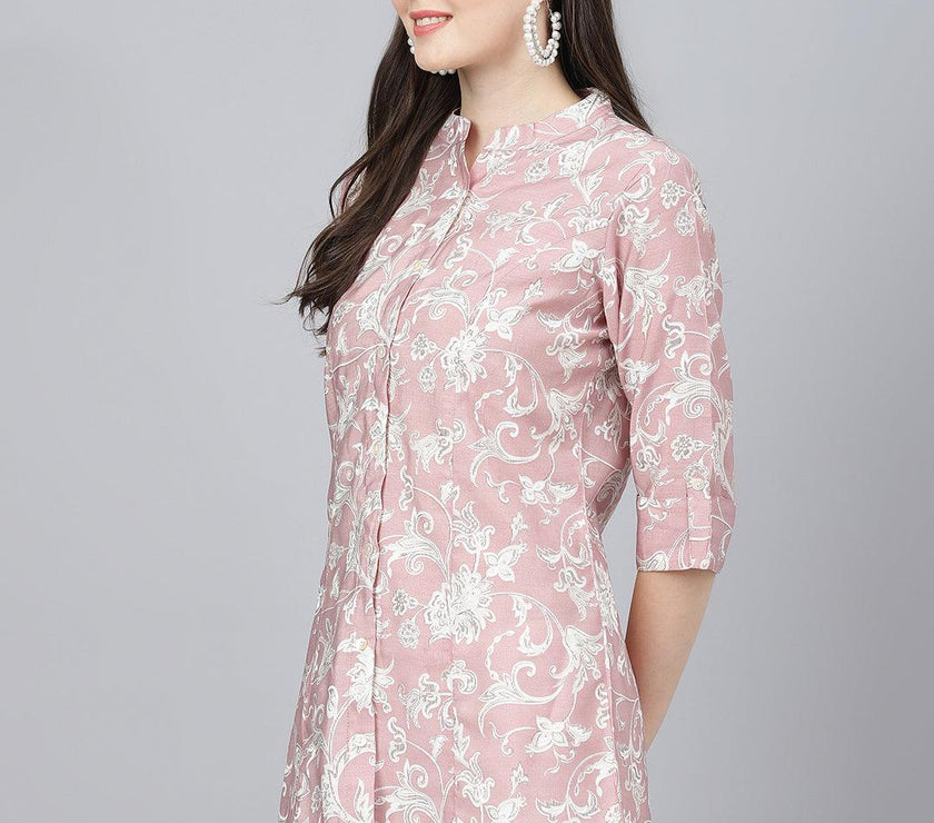 Divena Dusty pink Floral printed Modal A-line Shirts Style Top - divena world