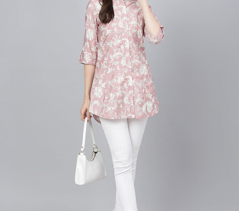 Divena Dusty pink Floral printed Modal A-line Shirts Style Top - divena world