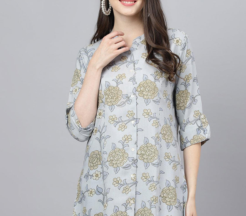 Divena Dusty Blue Floral printed Rayon A-line Shirts Style Top - divena world