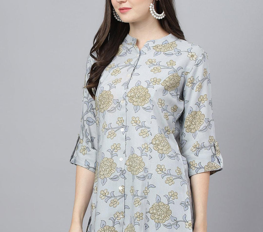 Divena Dusty Blue Floral printed Rayon A-line Shirts Style Top - divena world