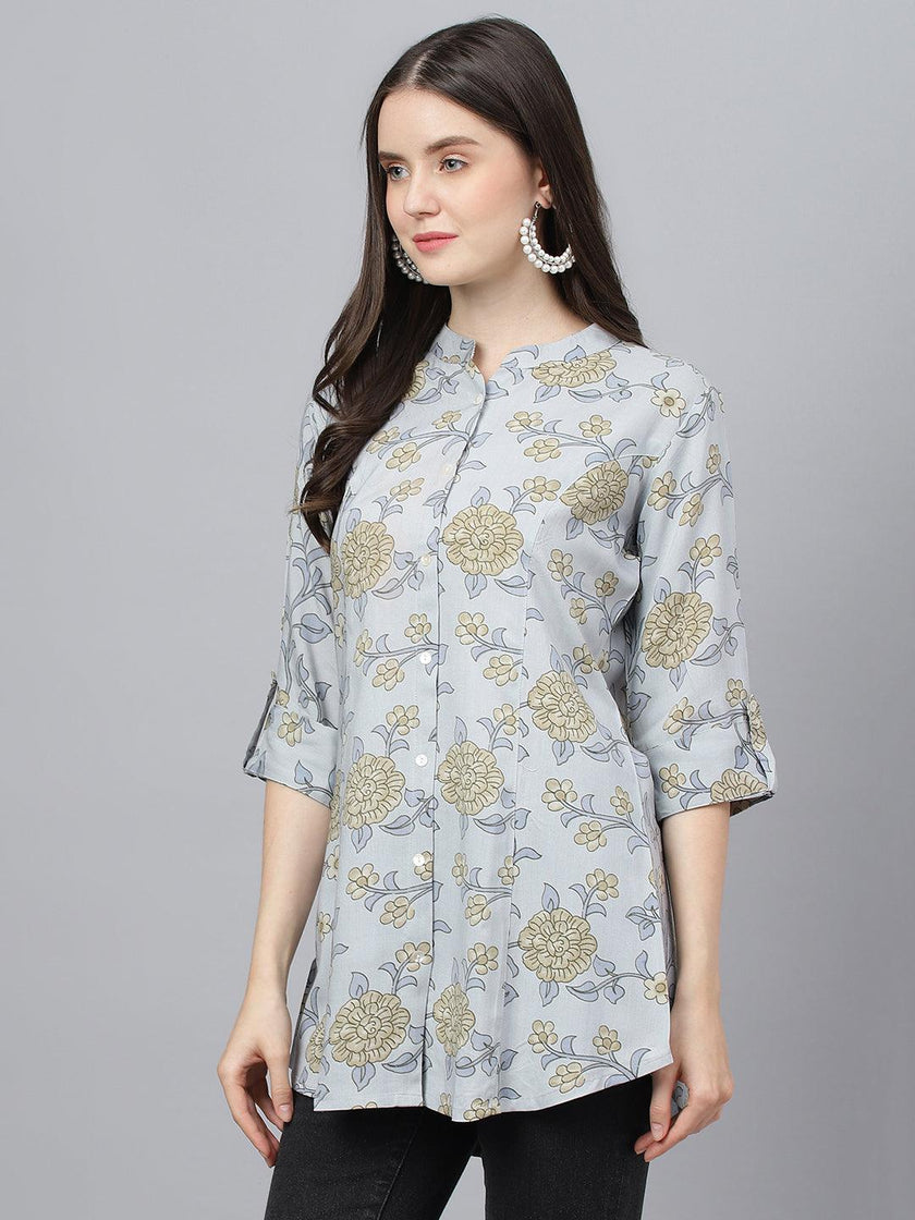 Divena Dusty Blue Floral printed Rayon A-line Shirts Style Top - divena world