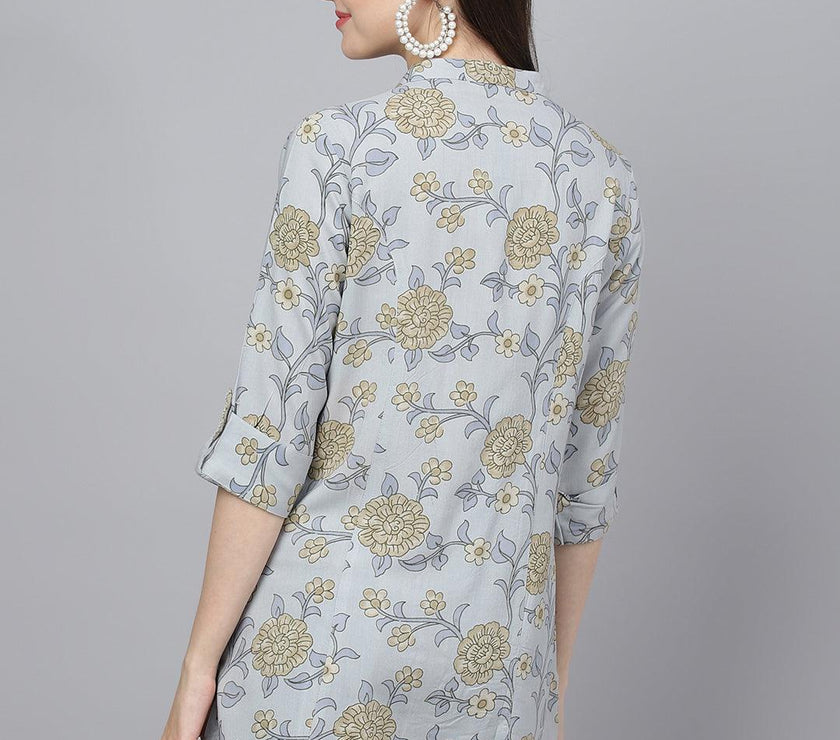 Divena Dusty Blue Floral printed Rayon A-line Shirts Style Top - divena world