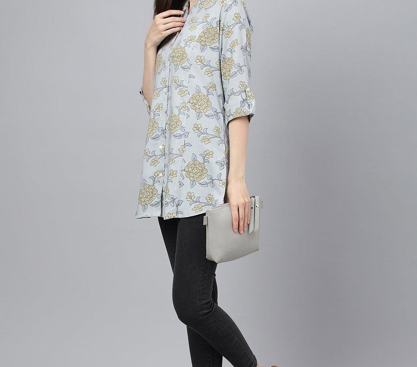 Divena Dusty Blue Floral printed Rayon A-line Shirts Style Top - divena world