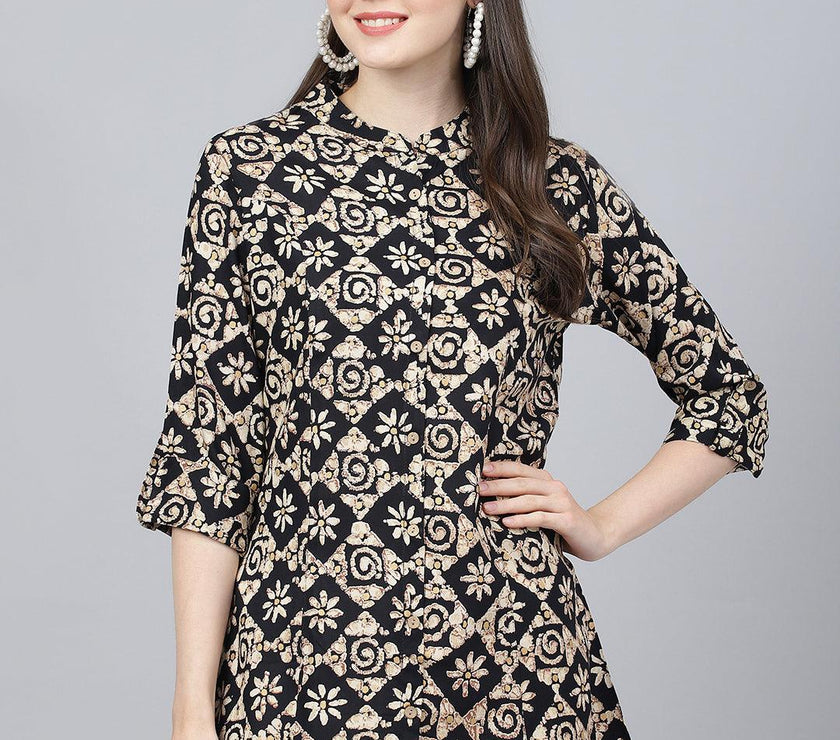 Divena Black Floral printed Rayon A-line Shirts Style Top - divena world