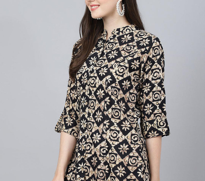 Divena Black Floral printed Rayon A-line Shirts Style Top - divena world