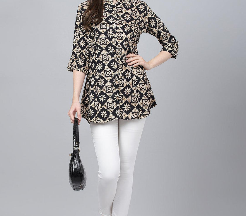 Divena Black Floral printed Rayon A-line Shirts Style Top - divena world