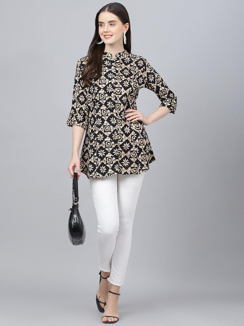 Divena Black Floral printed Rayon A-line Shirts Style Top - divena world