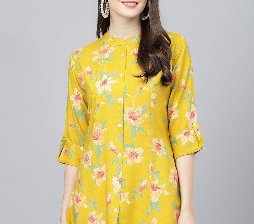 Divena Yellow Floral printed Rayon A-line Shirts Style Top - divena world