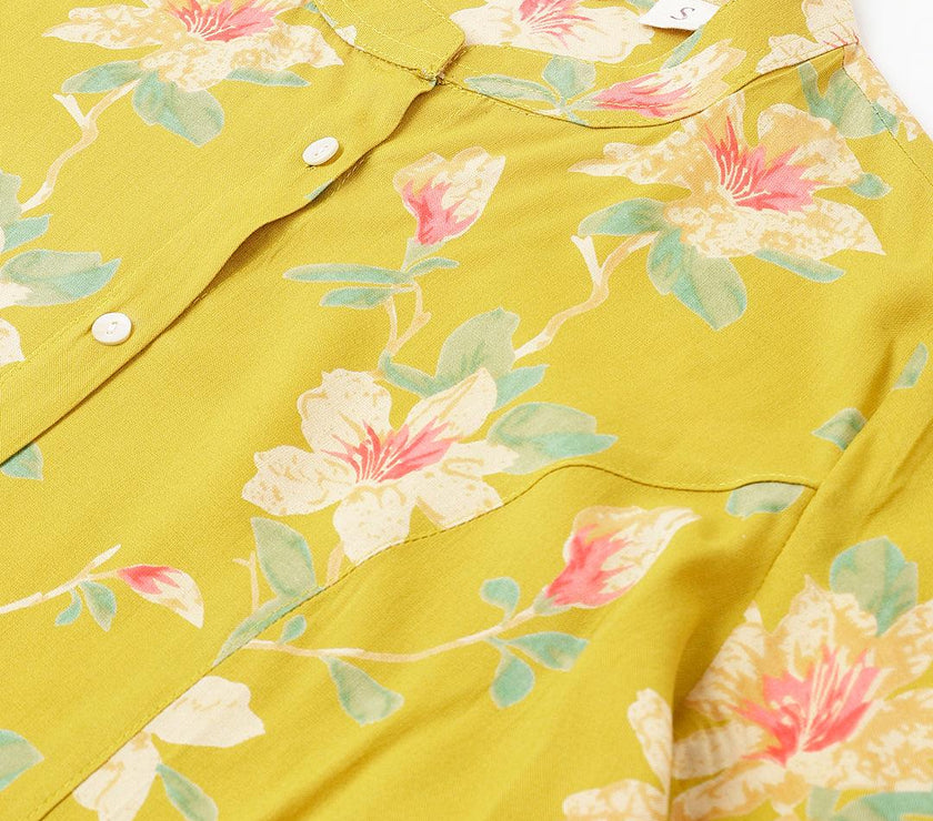 Divena Yellow Floral printed Rayon A-line Shirts Style Top - divena world