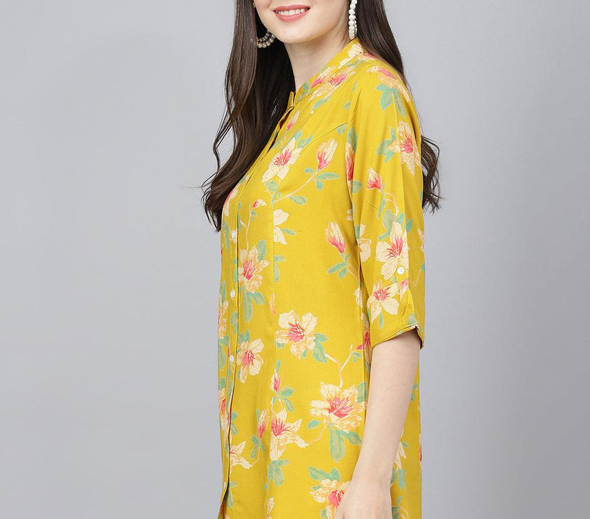 Divena Yellow Floral printed Rayon A-line Shirts Style Top - divena world