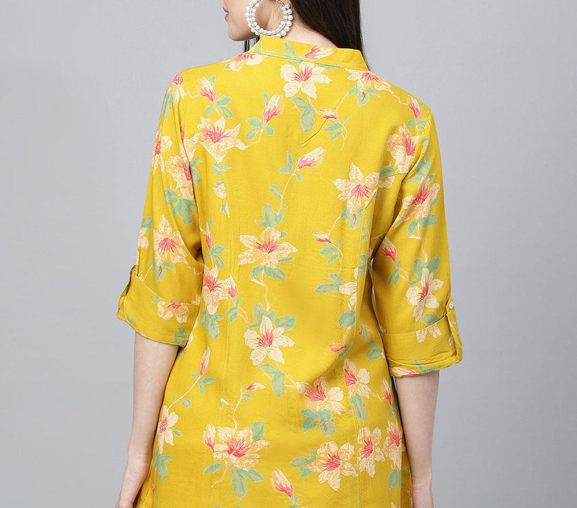 Divena Yellow Floral printed Rayon A-line Shirts Style Top - divena world