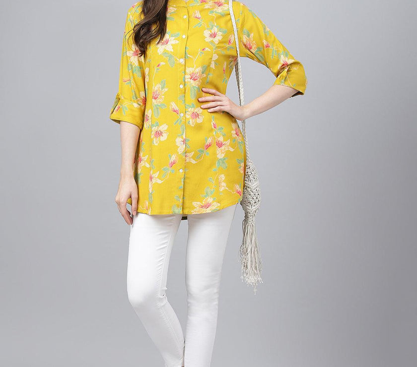 Divena Yellow Floral printed Rayon A-line Shirts Style Top - divena world