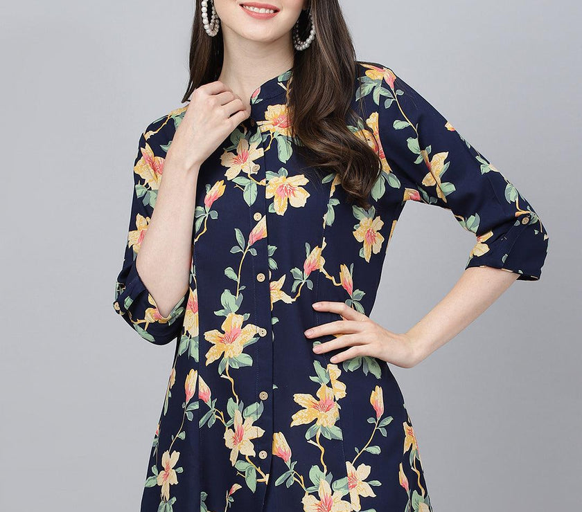 Divena Navy Blue Floral printed Rayon A-line Shirts Style Top - divena world