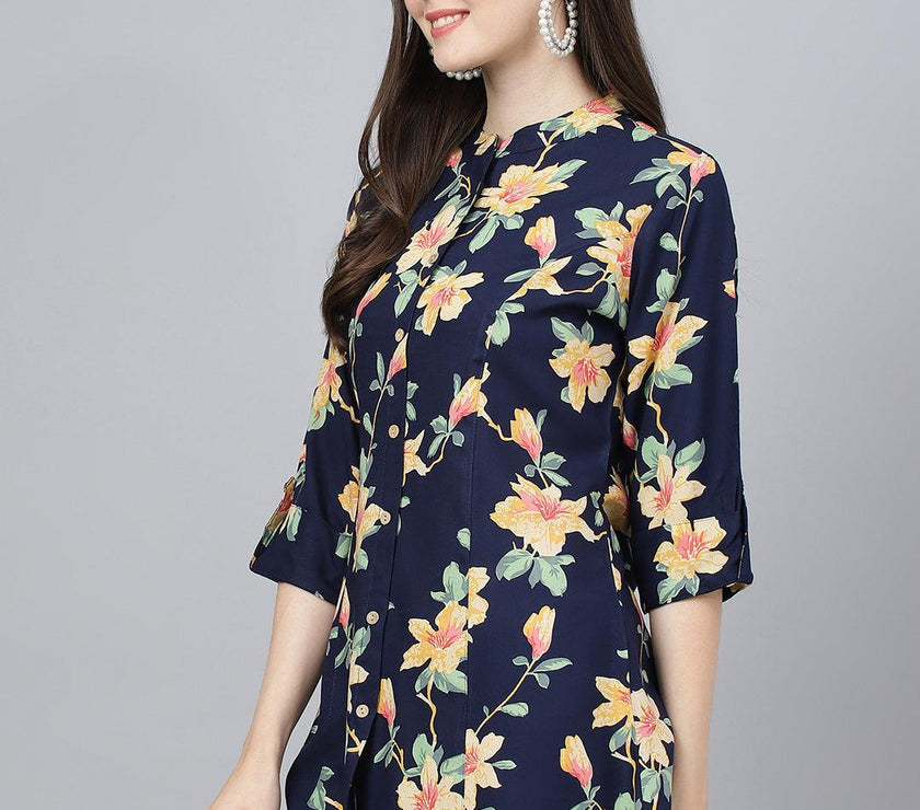 Divena Navy Blue Floral printed Rayon A-line Shirts Style Top - divena world