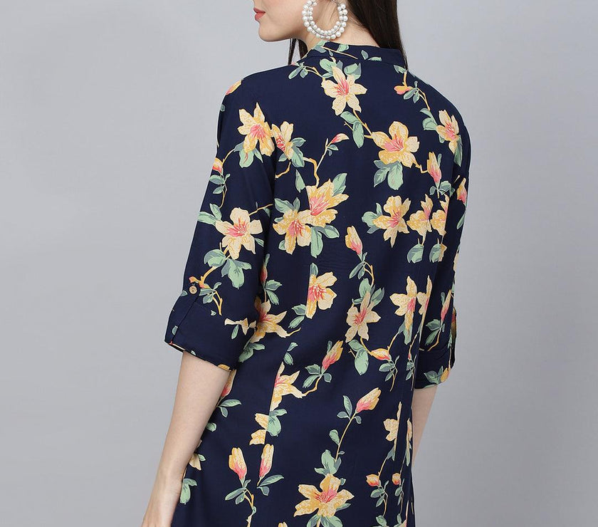 Divena Navy Blue Floral printed Rayon A-line Shirts Style Top - divena world