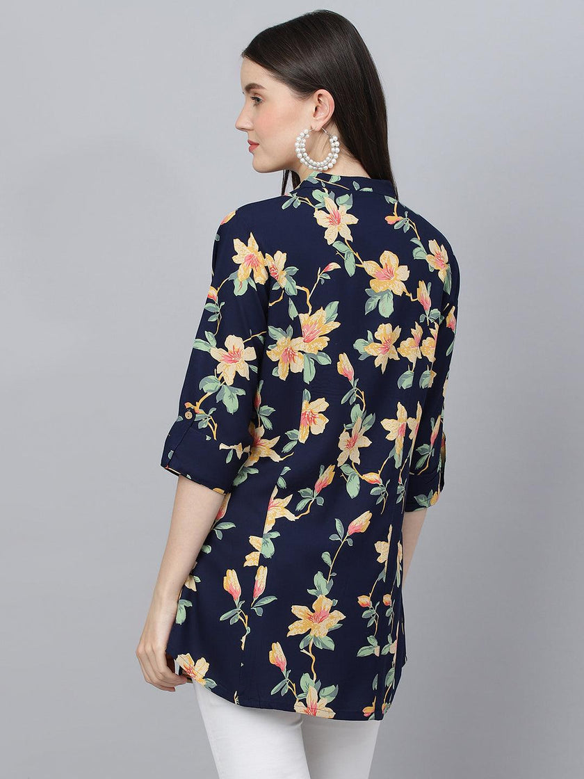 Divena Navy Blue Floral printed Rayon A-line Shirts Style Top - divena world