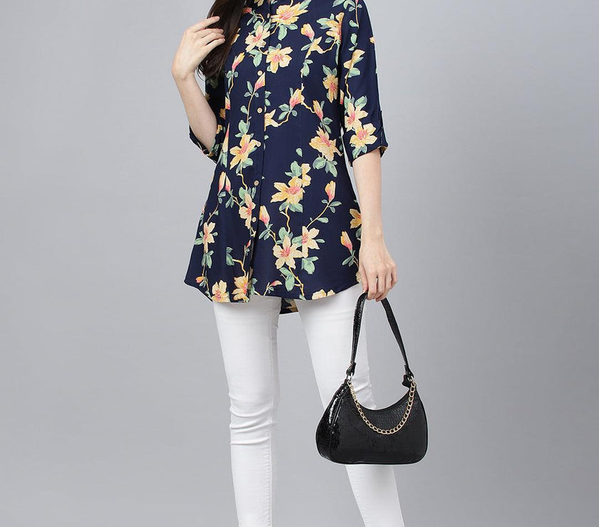 Divena Navy Blue Floral printed Rayon A-line Shirts Style Top - divena world