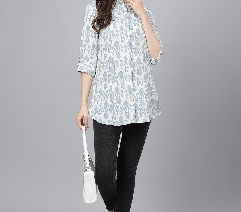 Divena Off white Abstract printed Rayon A-line Shirts Style Top - divena world