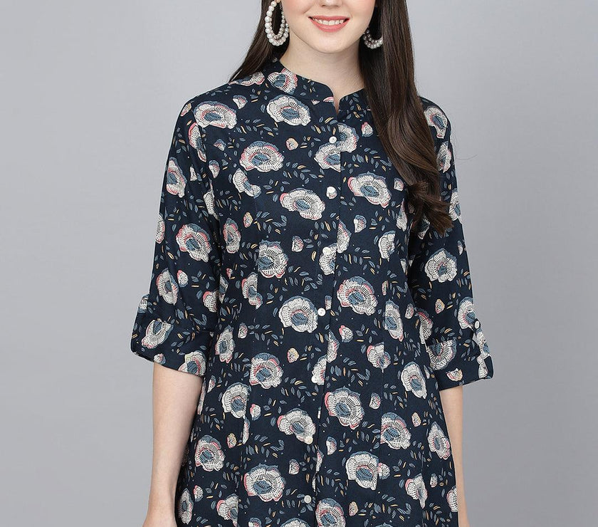 Divena Blue Floral printed Rayon A-line Shirts Style Top - divena world