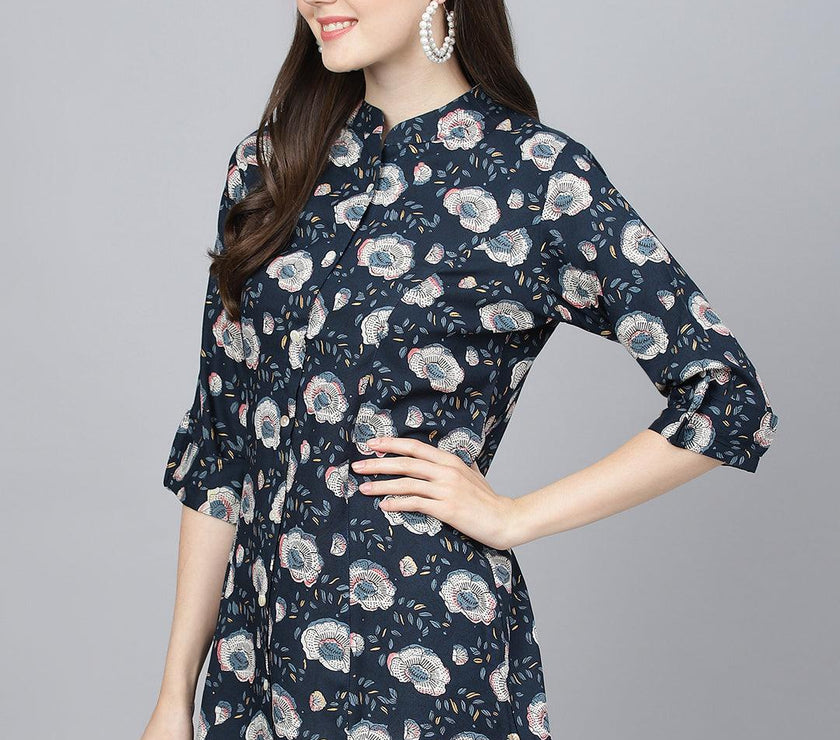 Divena Blue Floral printed Rayon A-line Shirts Style Top - divena world