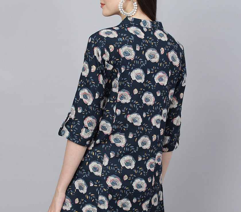 Divena Blue Floral printed Rayon A-line Shirts Style Top - divena world