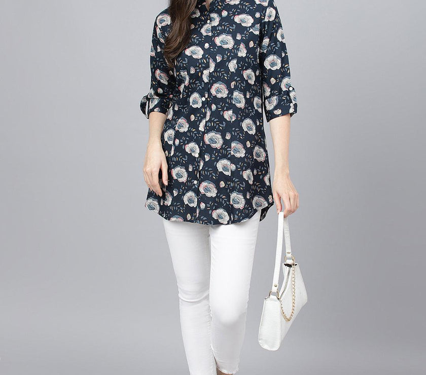 Divena Blue Floral printed Rayon A-line Shirts Style Top - divena world