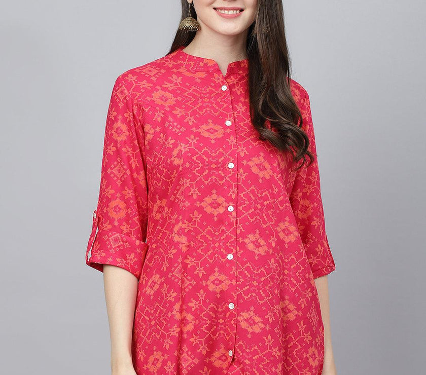 Divena Pink Abstract printed Rayon A-line Shirts Style Top - divena world