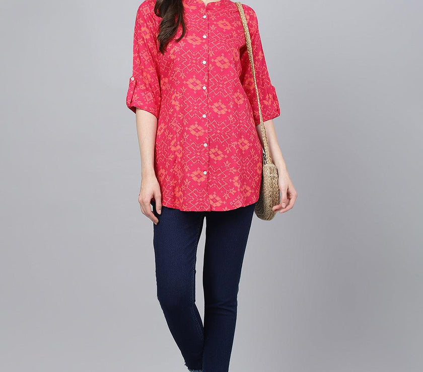 Divena Pink Abstract printed Rayon A-line Shirts Style Top - divena world