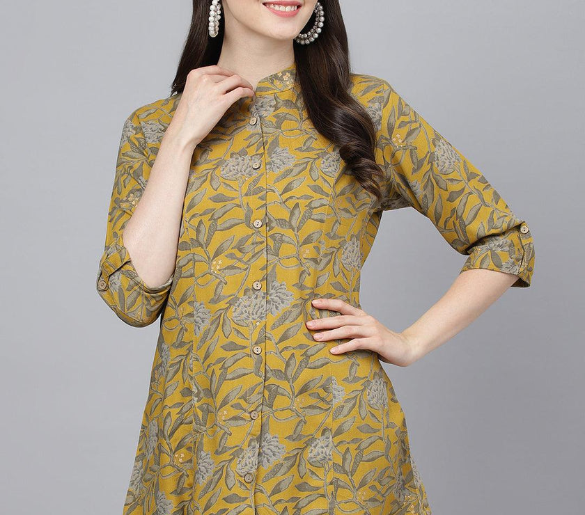 Divena Mustard Floral printed Rayon A-line Shirts Style Top - divena world