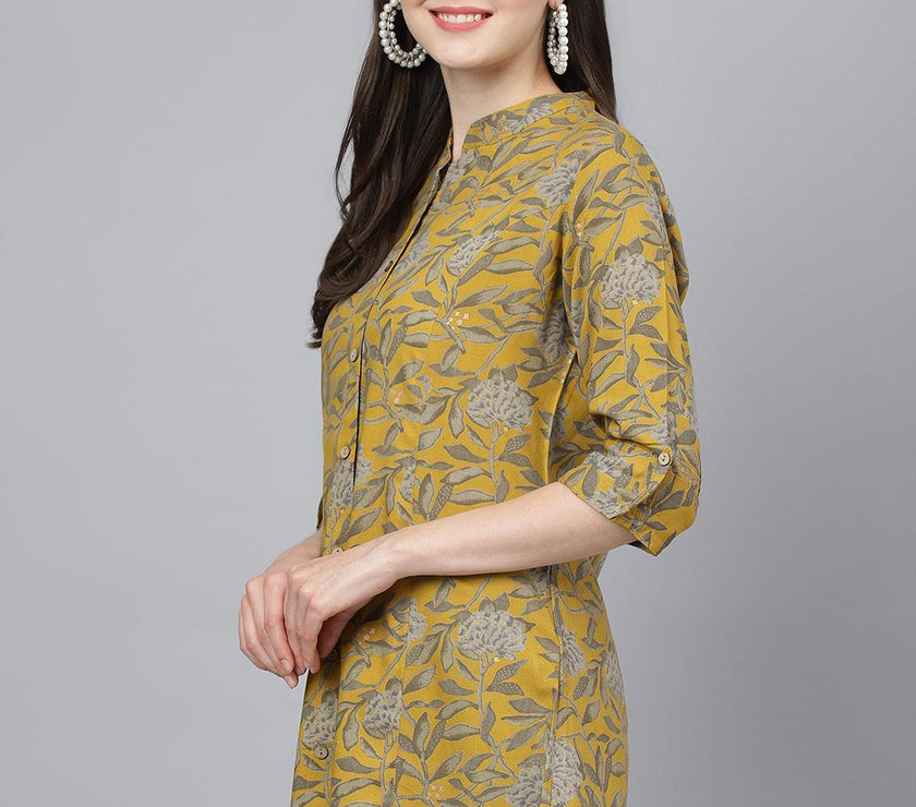 Divena Mustard Floral printed Rayon A-line Shirts Style Top - divena world