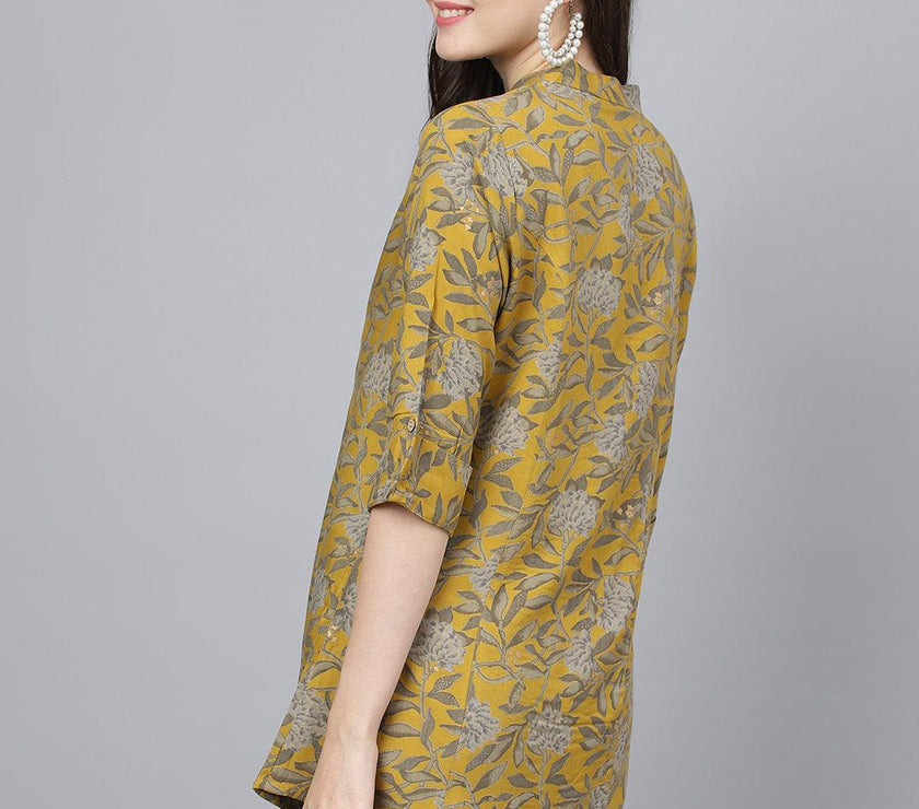 Divena Mustard Floral printed Rayon A-line Shirts Style Top - divena world