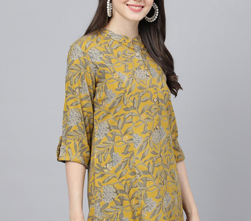 Divena Mustard Floral printed Rayon A-line Shirts Style Top - divena world