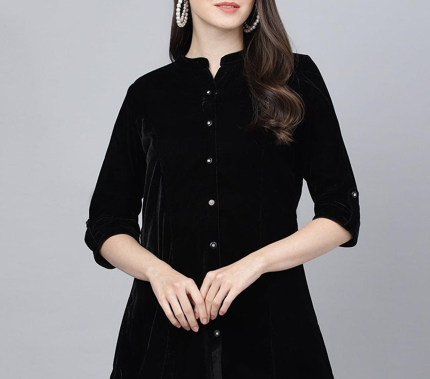 Divena Black Solid Velvet A-line Shirts Style Top - divena world