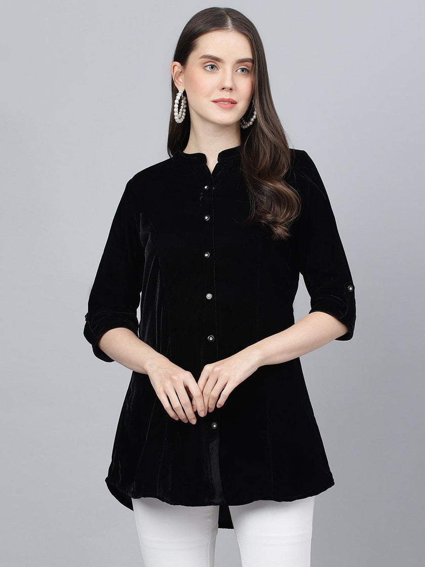 Divena Black Solid Velvet A-line Shirts Style Top - divena world